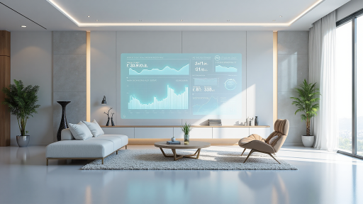 Smart home control system, IoT devices, integrated technology, modern living room, connected devices