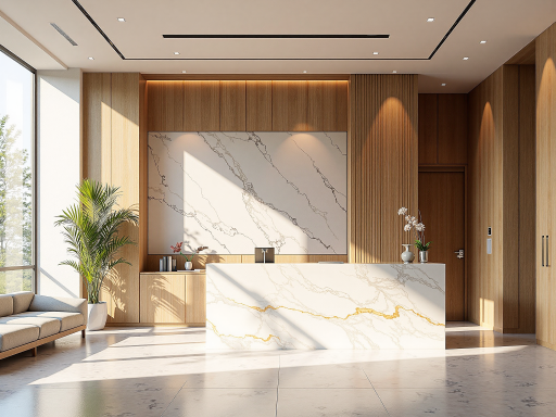 Modern office reception area, professional environment, clean design, technology company setting