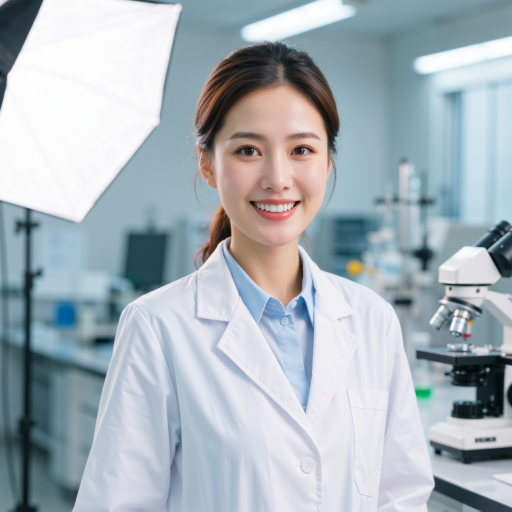 Head of Research, professional headshot, analytical expression, laboratory background, scientific setting